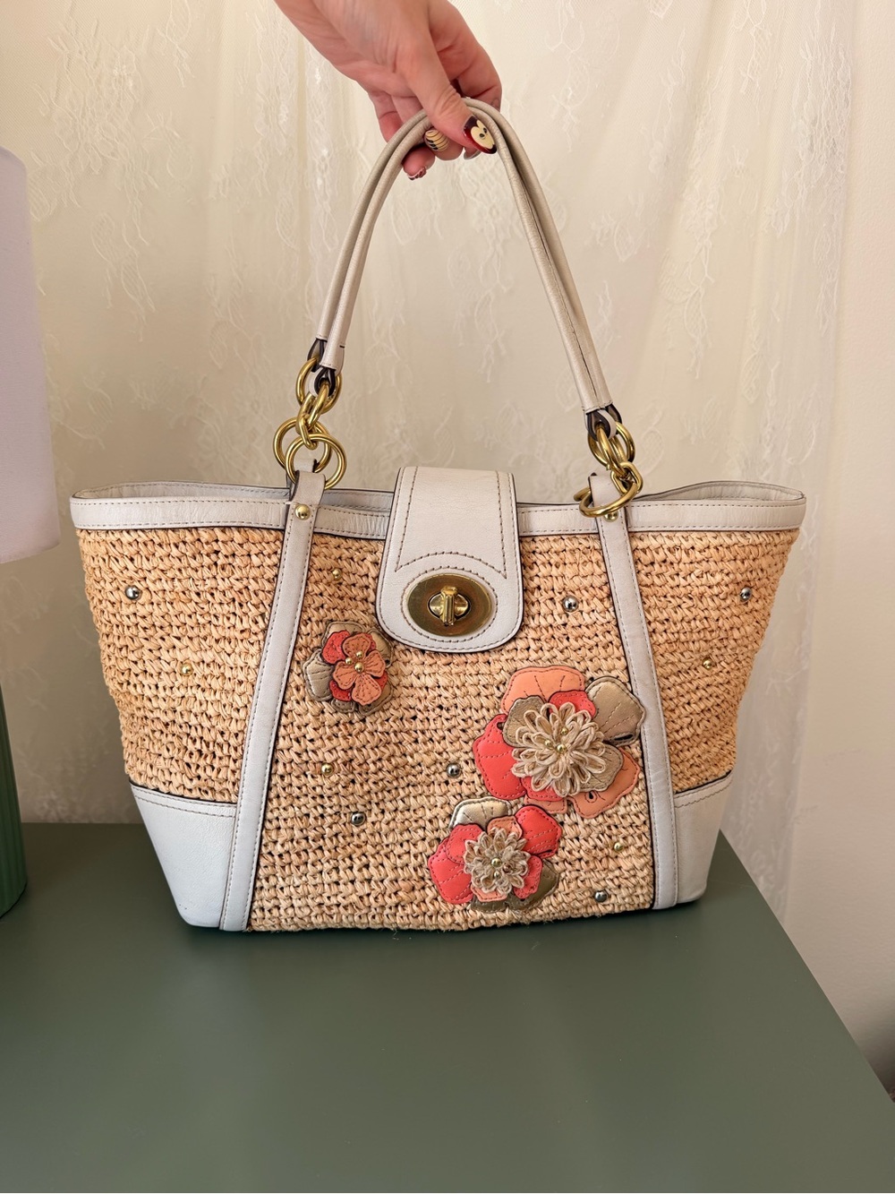 Coach Straw Tote with Coral Floral Appliqués and Cream Trim